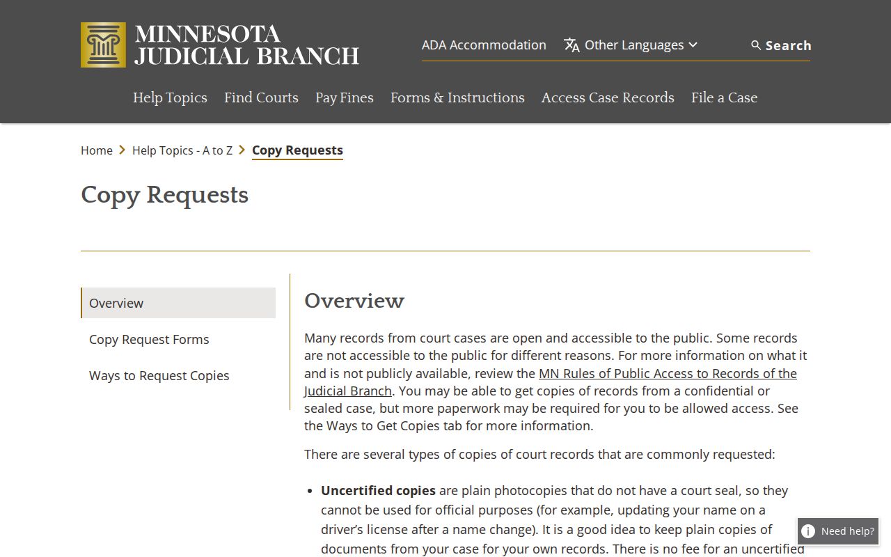 Minnesota court copy-request guidance for Grant County document requests