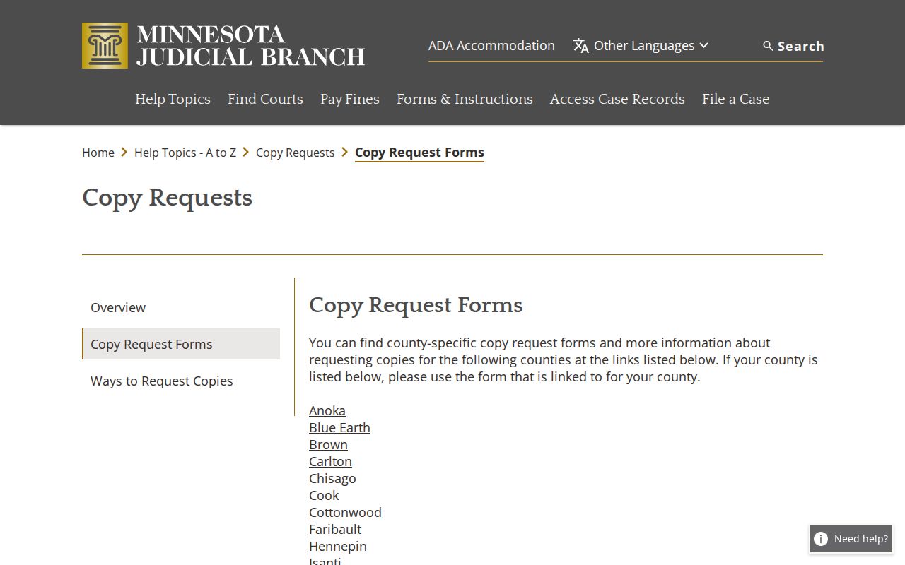 Minnesota copy-request forms source relevant to Grant County court records