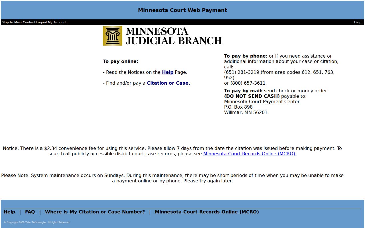 Minnesota CourtWebPay screen for a Grant County traffic citation payment
