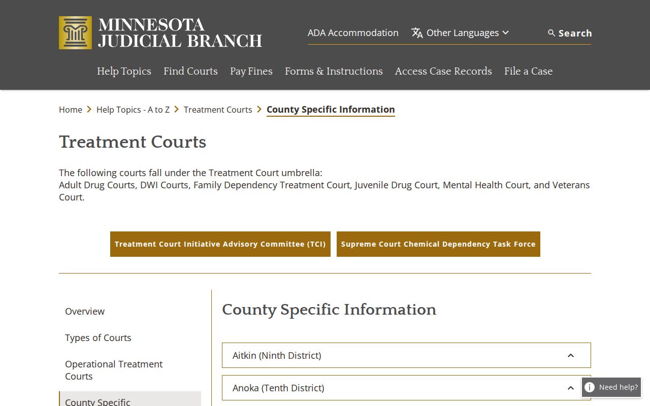 Minnesota Judicial Branch county-specific treatment court information relevant to Grant County