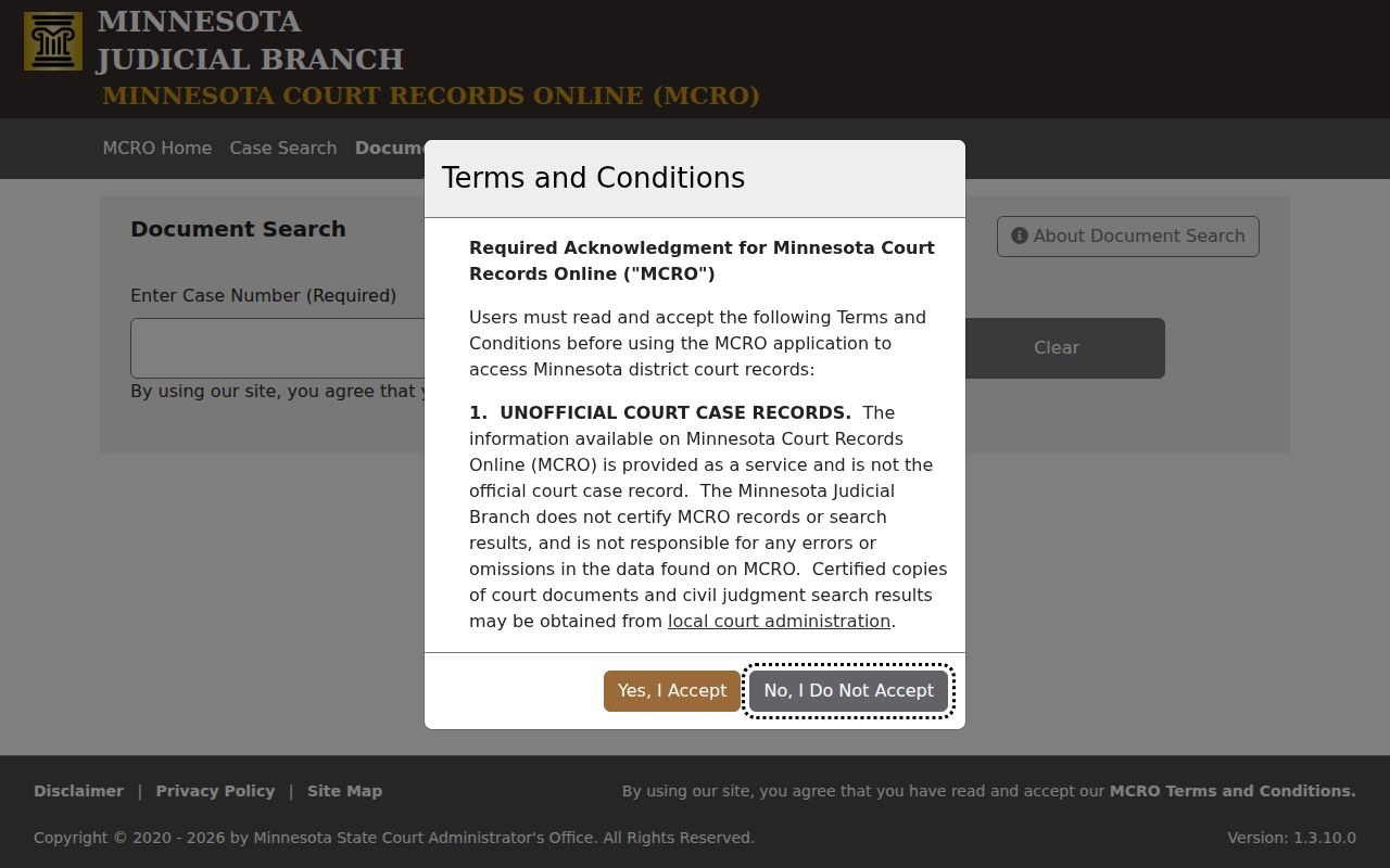 Grant County court docket: MCRO Document Search terms and conditions screen