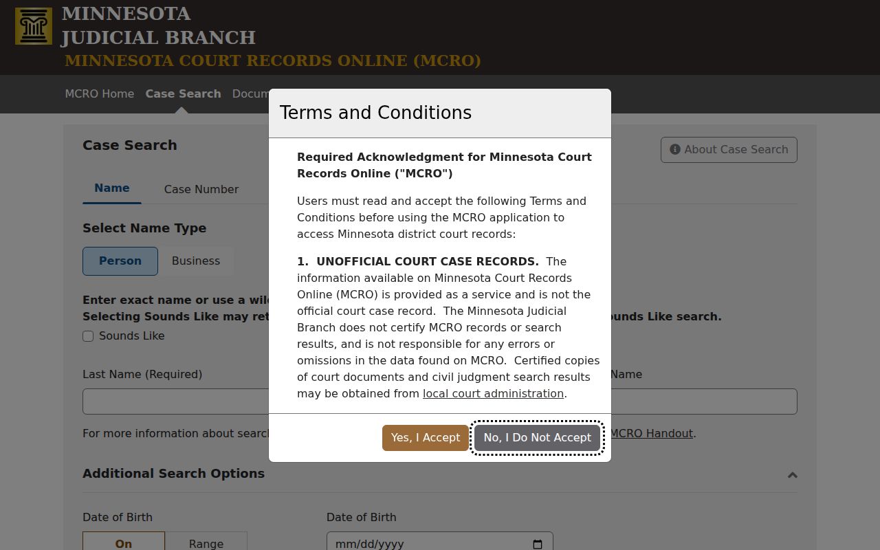 Grant County court docket: MCRO Case Search terms and conditions screen