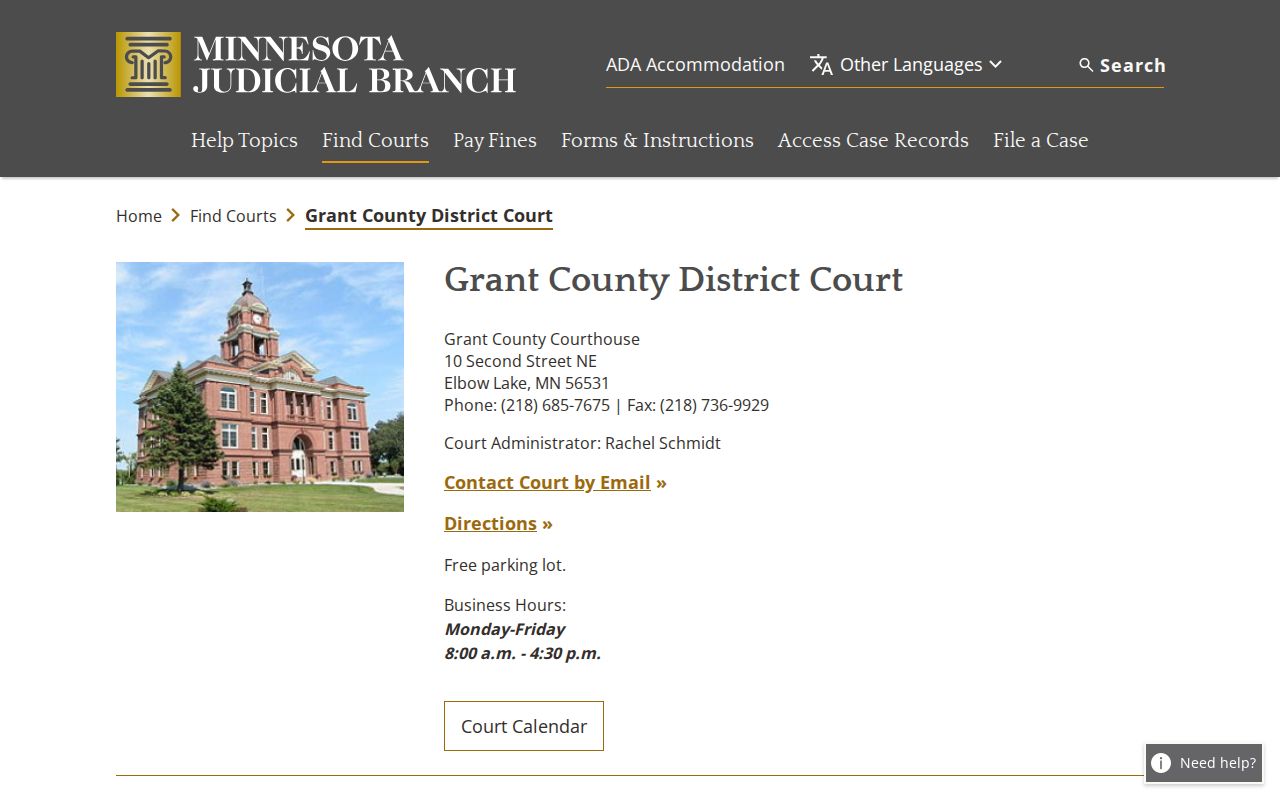 Grant County court docket: Minnesota Judicial Branch Grant County District Court page showing courthouse contact details
