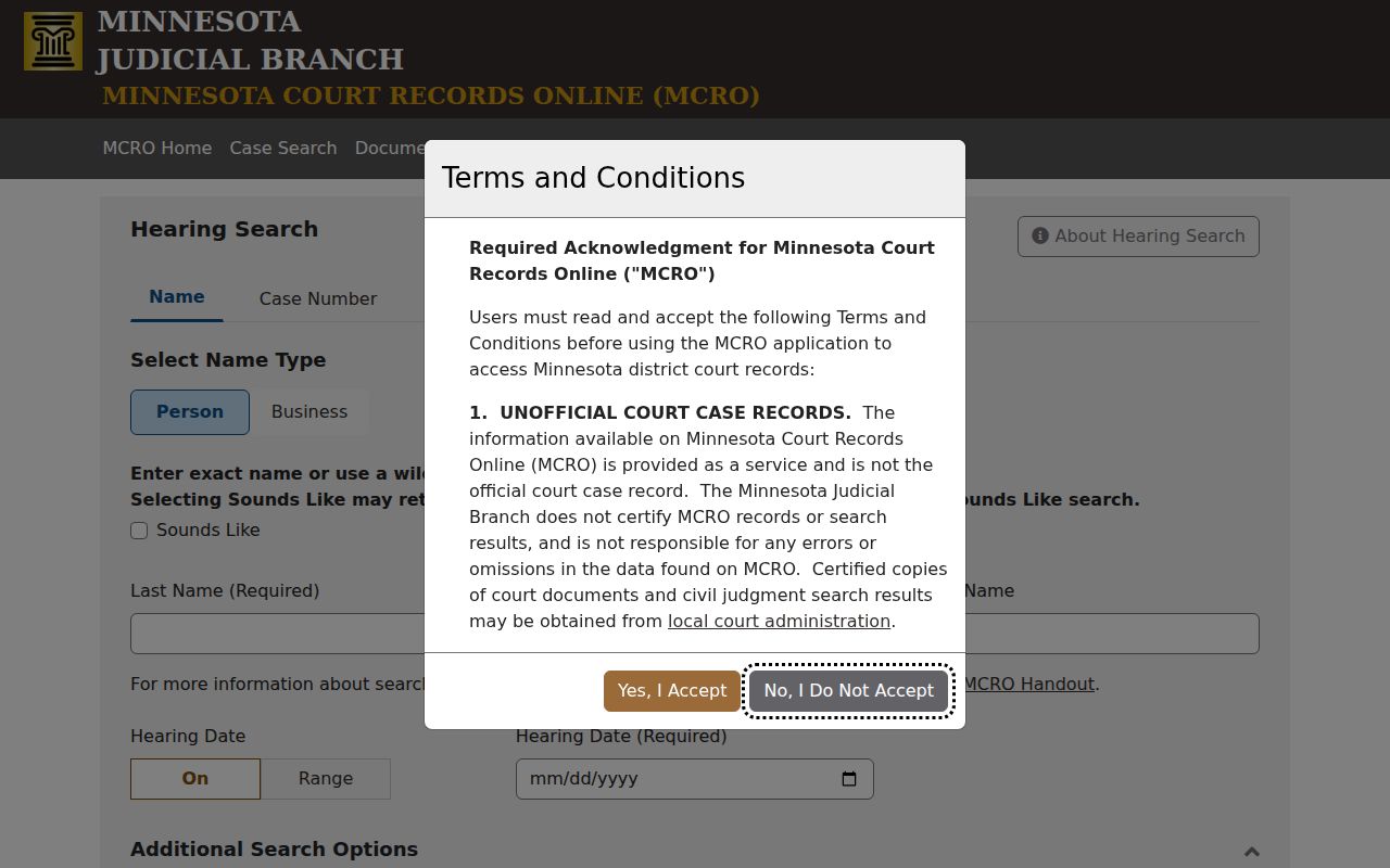 Grant County court docket: MCRO Hearing Search terms and conditions screen