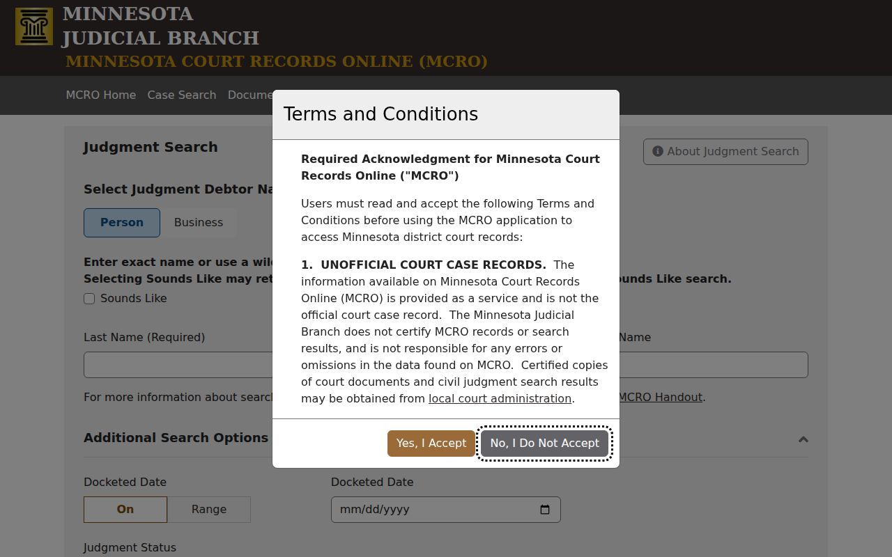 Grant County court docket: MCRO Judgment Search terms and conditions screen